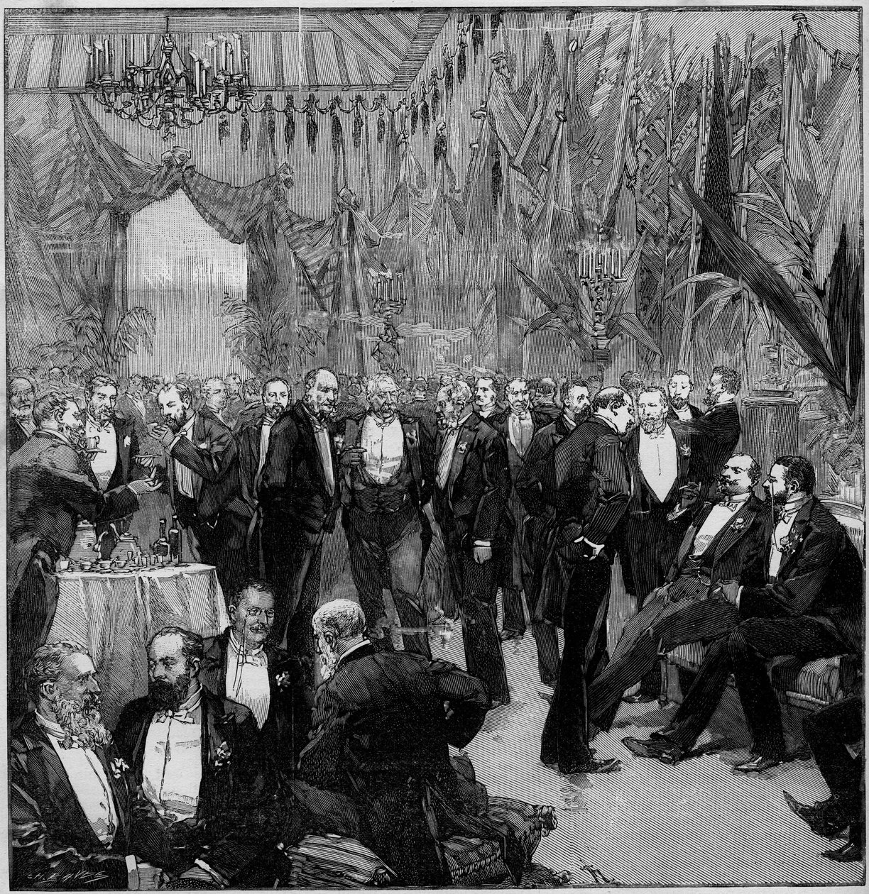 A szuezi bankett újra egyesítette a világ legjelentősebb finanszírozóit (A Nemzetközi Bizottság tagjainak találkozója). Metszet a "" The Illustrous World" -be alkotó: Unknown artist