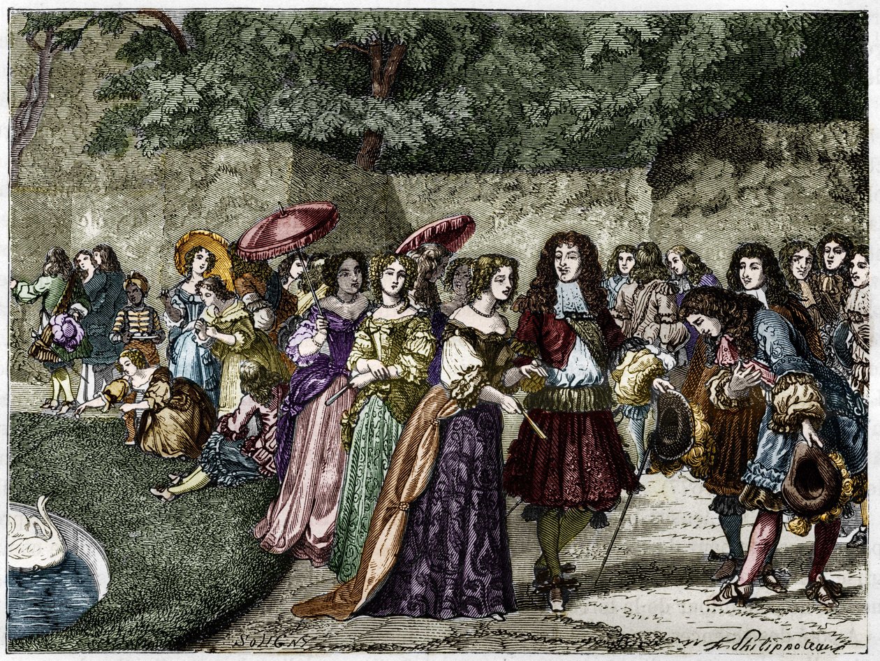 A Napkirály (XIV. Lajos a versailles-i kertekben veszi körül udvarát). századi metszet. alkotó: Unknown artist