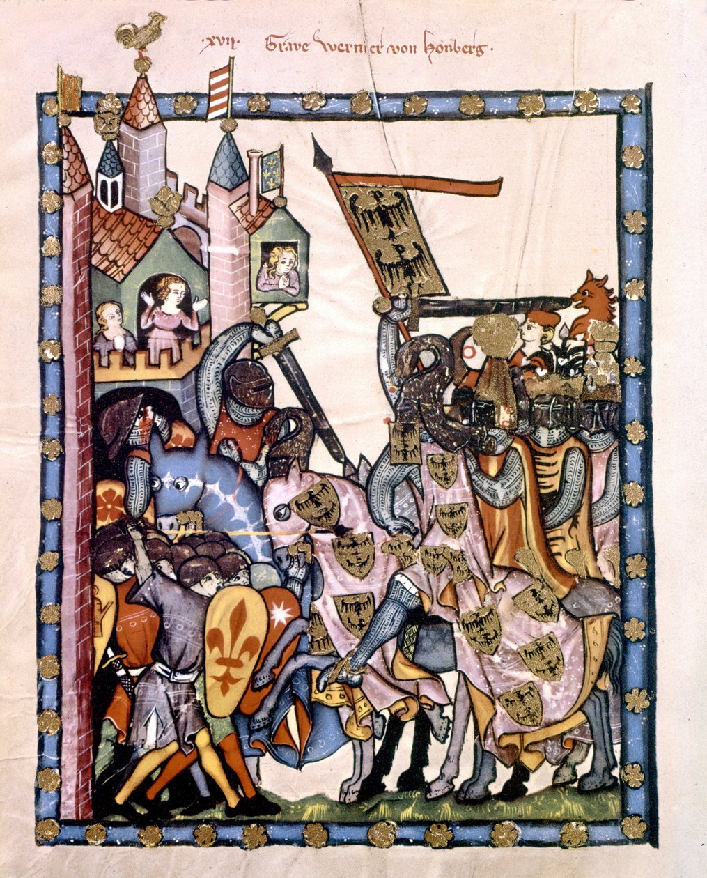 A svájci költő és lovag Graf Werner von Homberg (1284-1320) VII. Henrik császár szolgálatában megostromolta a szicíliai Angevin csapatok által védett erődöt. A „Manesse” vagy „Manessesche Liederhandschrift” kódex miniatúrája, amelynek kézirata alkotó: Unknown artist
