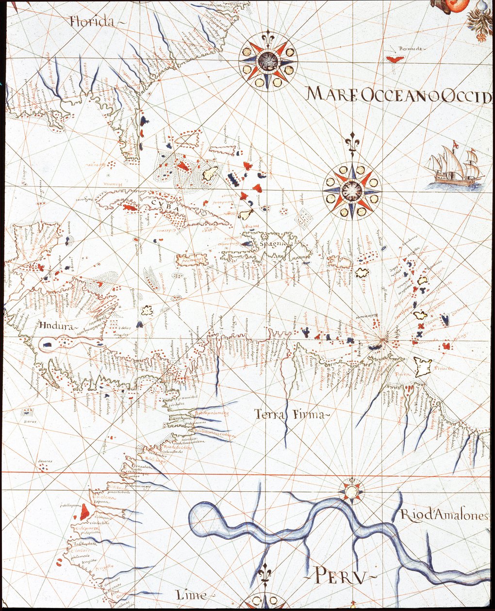 Nyugat-India: Florida, Honduras, Kuba, Peru és a Karib-térség (a Portulan de Castellini részlete alkotó: Unknown artist