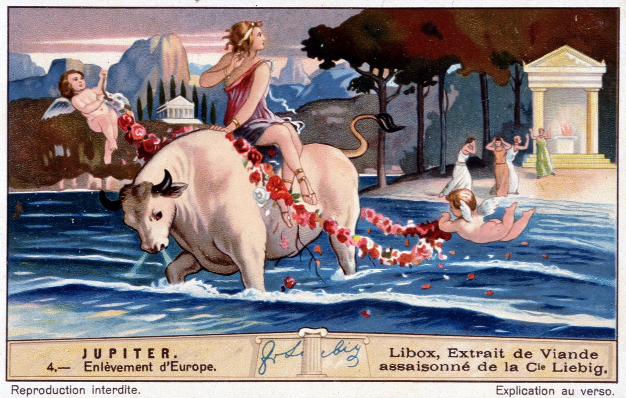 A Jupiter által elrabolt Európa, úgy néz ki, mint egy fehér bika - Libox kromolitográfiája, Liebig alkotó: Unknown artist