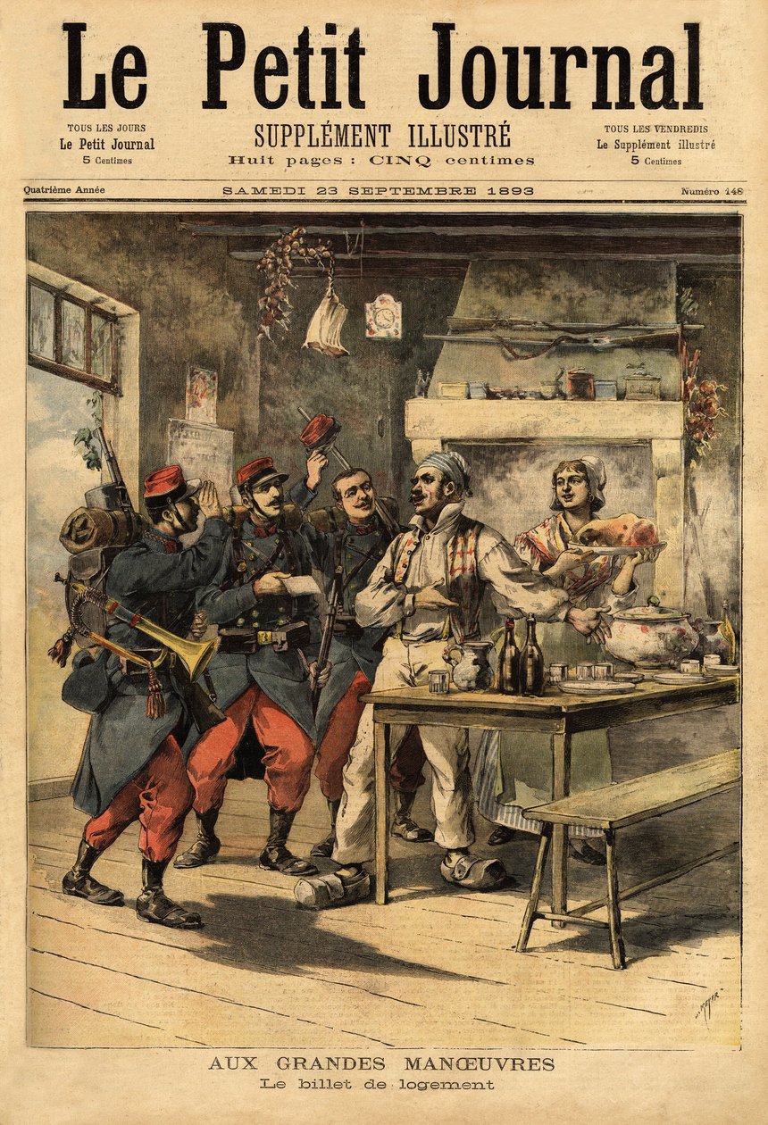 A szállásjegy, amelyet a honvédség a terepen tartózkodó katonáinak biztosít civilek szállásigénylésére. Metszet a „” Le petit journal”-ban 1893.09.23. Selva gyűjteménye. alkotó: Unknown artist