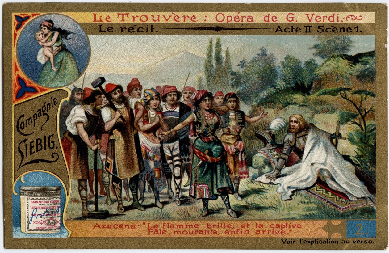 A II. felvonás jelenete 1. Illusztráció Giuseppe Verdi (1813-1901) „A lelet” (Il trovatore) című operájához. Kromolitográfia (Chromo) Liebig a 19. század végéről. alkotó: Unknown artist