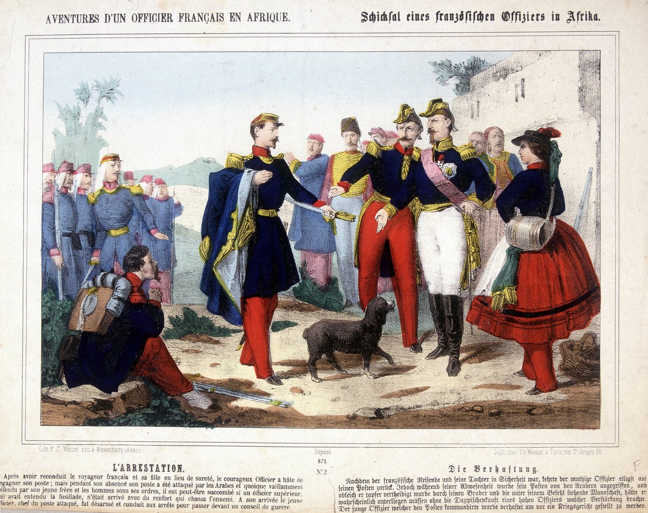 Egy francia tiszt kalandjai Afrikában. A fiatal tisztet, az arabok által megtámadott poszt vezetőjét leszerelték, és letartóztatták a haditanács elé. alkotó: Unknown artist