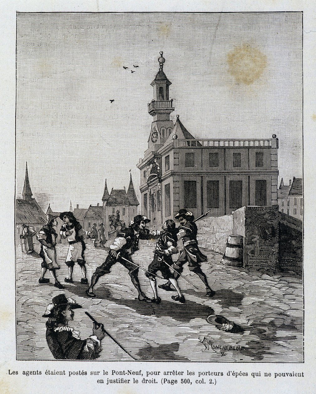Az ügynökök a Pont Neuf-on állomásoztak, hogy megállítsák azokat, akik nem tudták igazolni jogukat. alkotó: Unknown artist