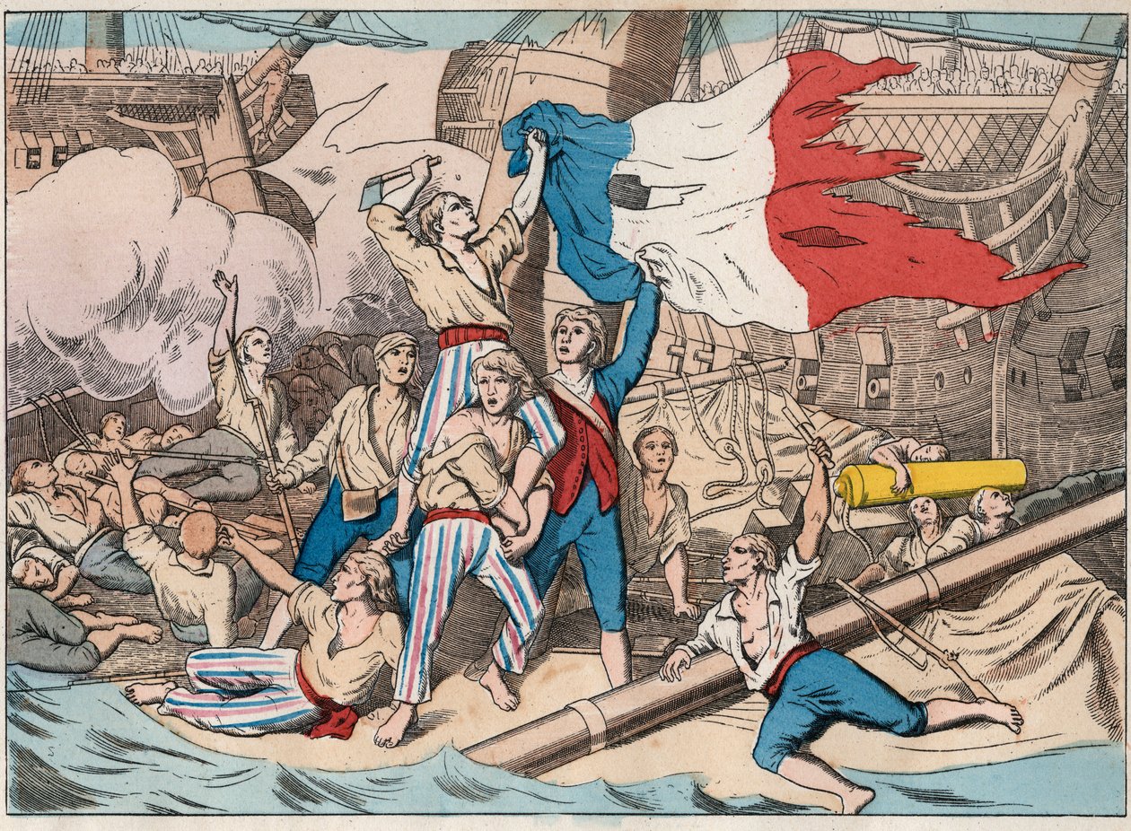 A „Bosszúálló” hajó kínja, amelyet három angol hajó támadott meg 1794. június 1-jén a II. év (június 2.) Prairal 14-i haditengerészeti csata során. alkotó: Unknown artist