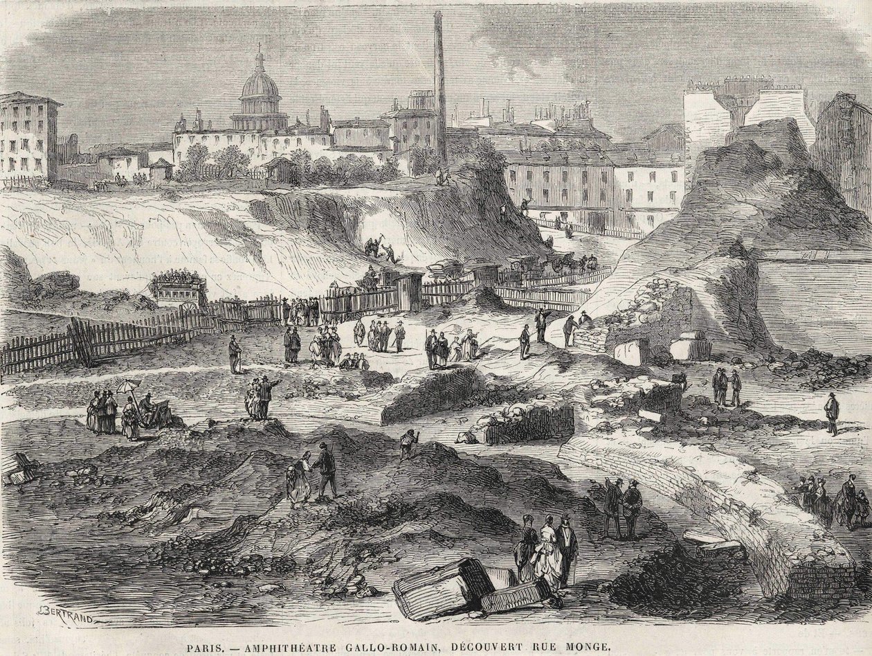 Gallo Romain amfiteater 1870-ben fedezte fel a párizsi Rue Monge utcát, amely ma az Arenes de Lutèce. századi metszet. alkotó: Unknown artist