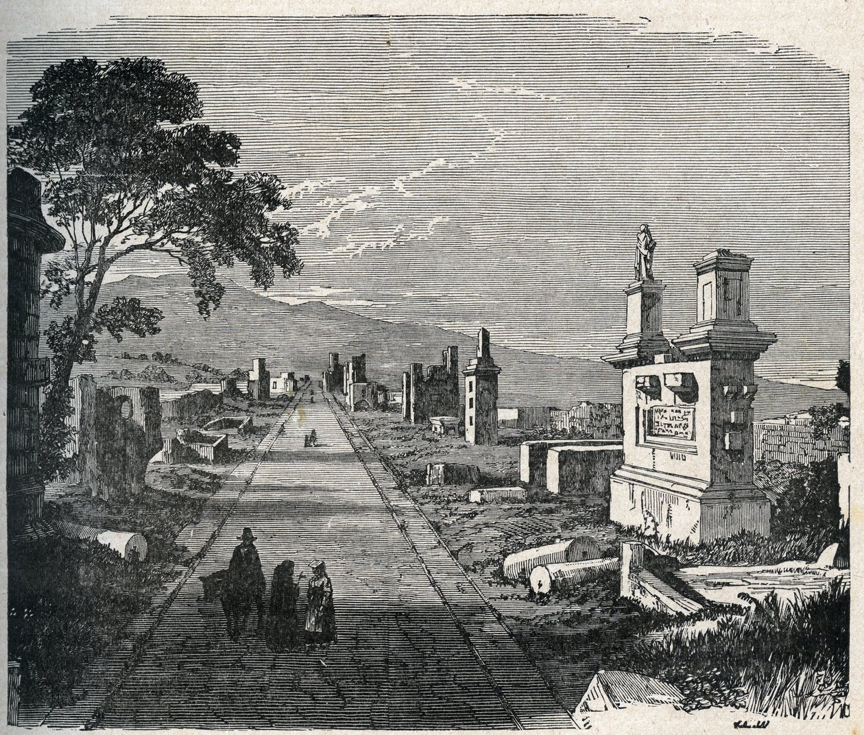 Az ókori Appian útvonal, a Róma melletti pontins mocsarakon (Agro pontino) áthaladó appián keresztül. századi metszet. alkotó: Unknown artist