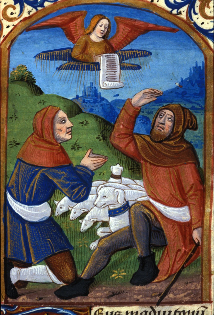 Az angyal hirdeti a pásztoroknak Jézus születését. 15. századi kézirat. Biblioteca Nazionale Braidense, Milánó alkotó: Unknown artist