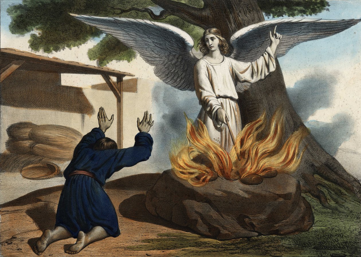 Az angyal, aki megjelenik Gedeonnál (Gideon), hogy felszabadítsa Izrael népét a mádiániak megszállása alól. Névtelen metszet a 19. század közepéről. alkotó: Unknown artist