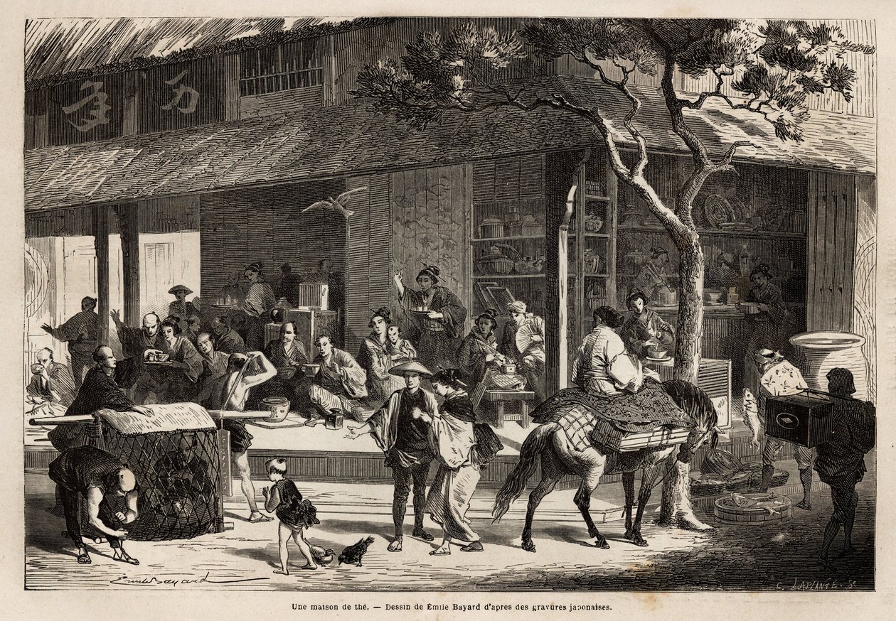 Egy ház animációja és az utca tevékenysége. Aime Humbert, a Svájci Államszövetség minisztere által az 1863-1864-es japán utazást illusztráló metszet a „Le tour du monde, nouveau Journal des voyages” című folyóiratban, amely irányítása alatt jelent meg. alkotó: Unknown artist