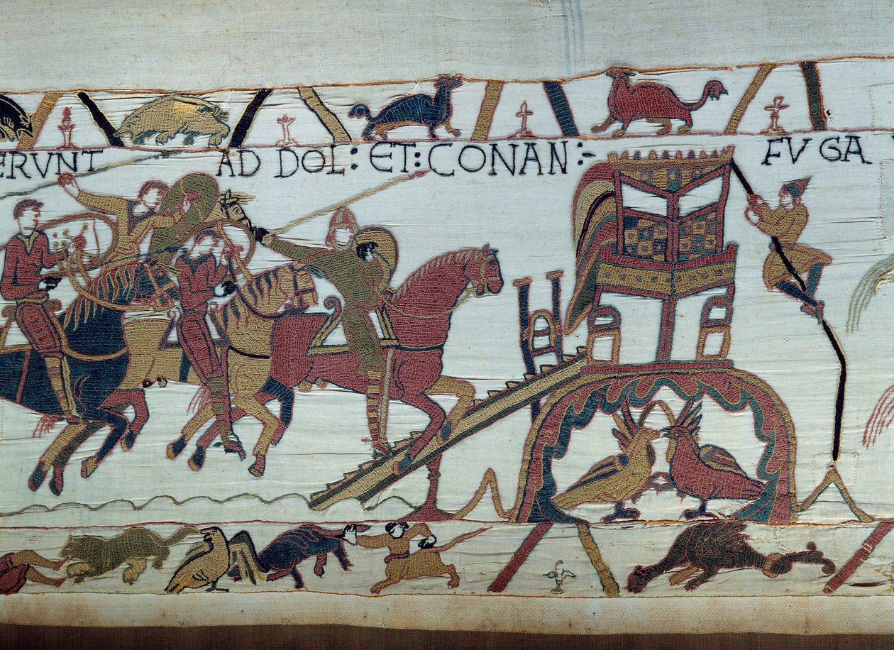 Hódító Vilmos (1027-1087) serege Bretagne hercege ellen indult harcba, megérkezett Bayeux-ba. Haroldot nemrég ütötte lovaggá Guillaume Részlet a Bayeux-i gobelinről vagy Mathilde királynő hímzéséről alkotó: Unknown artist