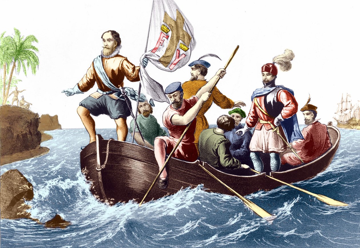 Kolumbusz Kristóf érkezése San Salvadorba 1492.12.10. Metszet 1876. v. alkotó: Unknown artist