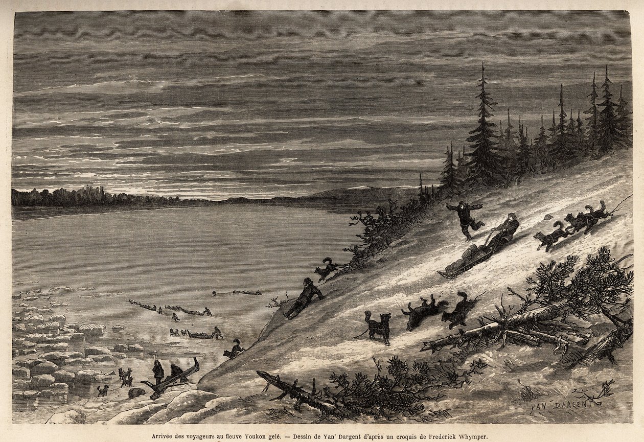 A Yukon folyónál (Kanada szélsőséges északi része) a kutyaszánon utazók érkezése teljesen lefagy. Metszet az angol Kolumbiában, Vancouver-szigeten és Alaszkában zajló utazás és kalandok illusztrálására, Frederick Whymper alkotó: Unknown artist