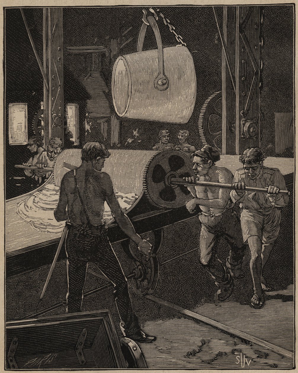 Az üveg művészete: fagylaltkészítés. A „nagy áramlásnak” nevezett lépés. Metszet 1885-ből Adolphe BITARD „” Les arts et metiers illustres” című könyvébe. alkotó: Unknown artist