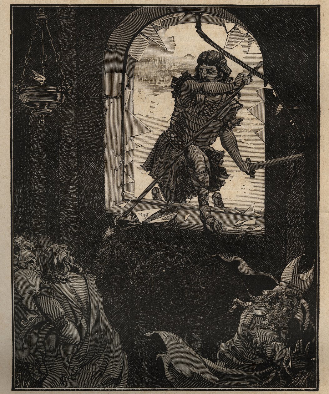 Az üveg művészete: festett ólomüveg ablakok. Theodorik katonái betörnek egy ólomüveg ablakot, hogy bemenjenek a Brioude (Haute Loire) templomba 521-ben. Adolphe BITARD 1885-ös metszete „Les arts et metiers illustres”-ben. alkotó: Unknown artist