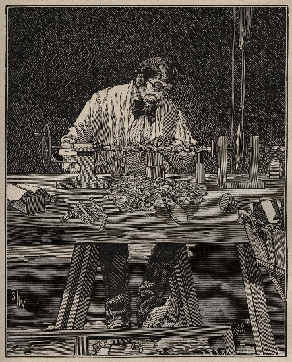Az eszterga művészete: a törzsoszlop homlokzata. Metszet 1885-ből Adolphe BITARD „” Les arts et metiers illustres” című könyvébe. alkotó: Unknown artist