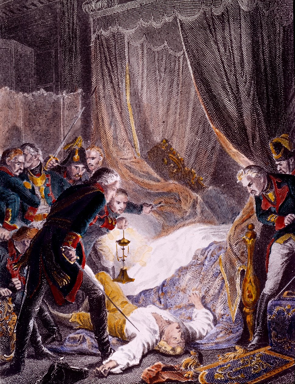 I. Petrovics Pál (1754-1801) orosz cár meggyilkolása a Szent Mihály-palota szobájában, miután kénytelen volt aláírni lemondását. Metszet 1801 körül. Magángyűjtemény alkotó: Unknown artist