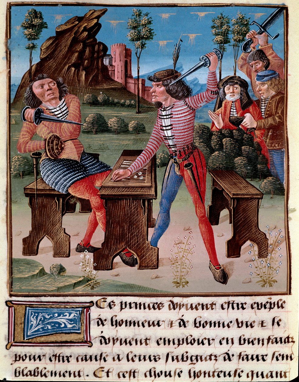 A játék, a lopás és a verekedés rossz hatásai. Két játékos fegyvereikkel megfenyegetett Miniatűr Jacques the Great (1360-1415/1418) „A jó mórok könyvéből”, amelyet Jean Duke of Berrynek szentelt. alkotó: Unknown artist