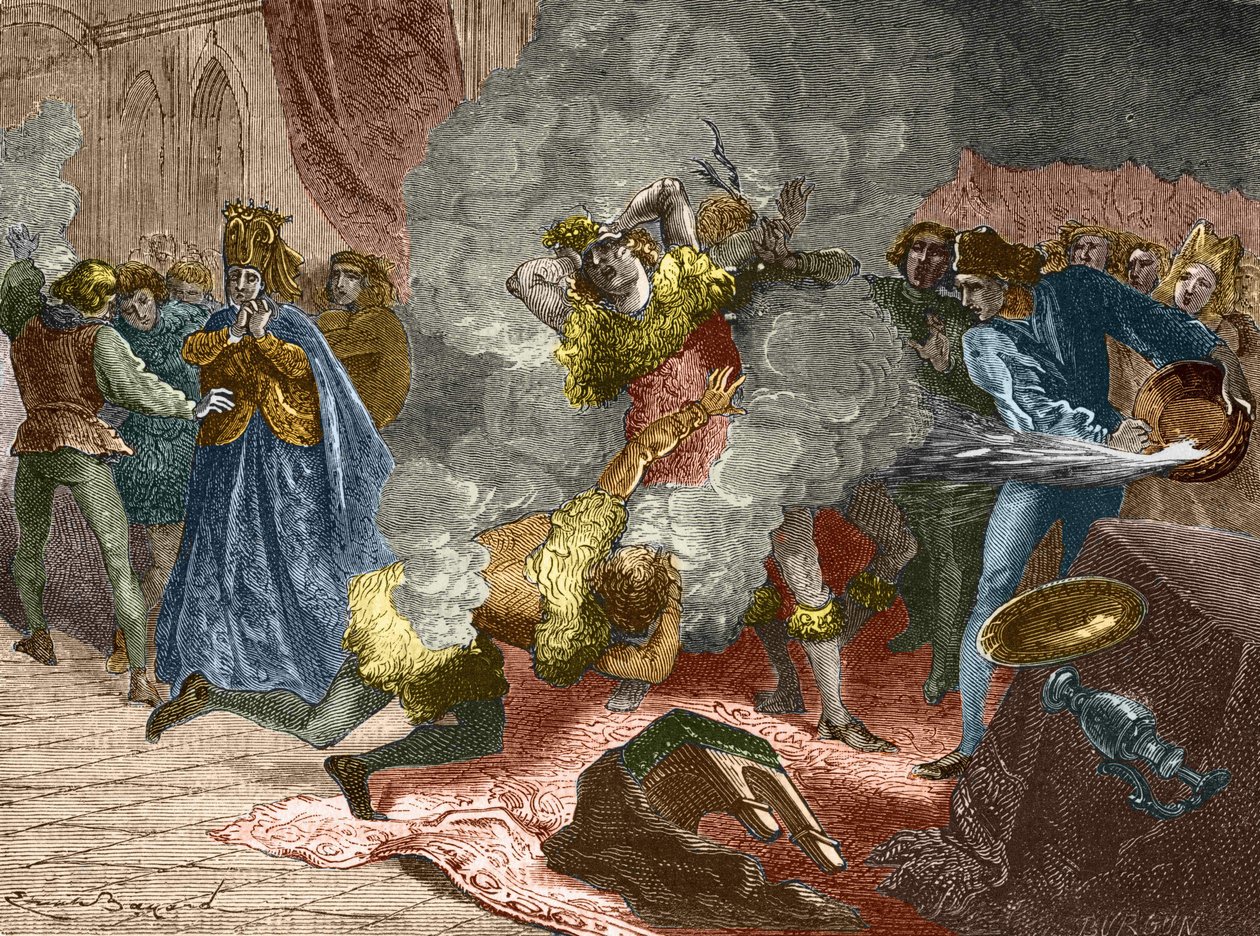 A lelkesek bálja vagy a vadak bálja: a bajorországi Isabeau (Isabella, Erzsébet) hölgy esküvője alkalmából 1393. január 28-án a király álcázva magát négy másik udvaronchoz láncolta. Testvére, Orlé hercege alkotó: Unknown artist