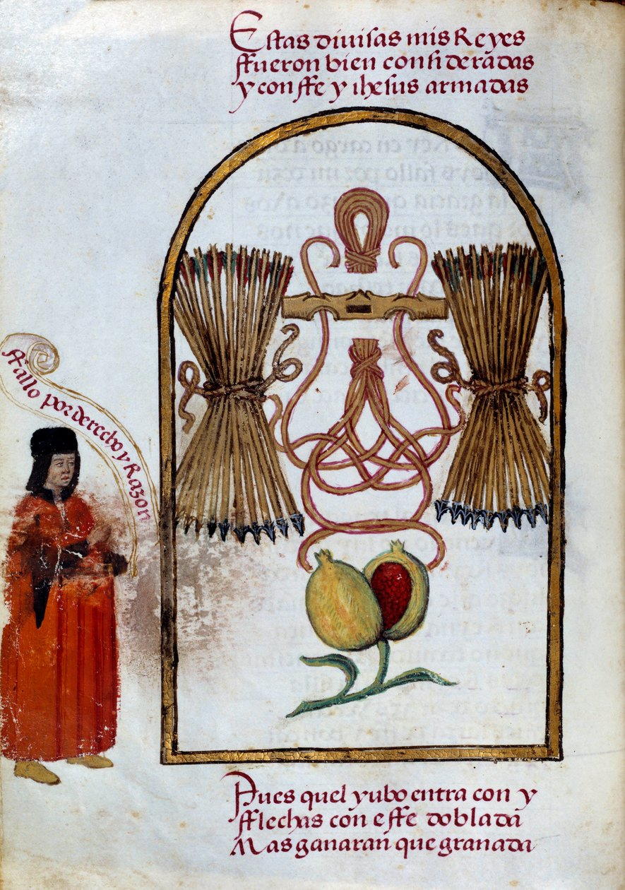 A karperec és a nyilak. A katolikus királyok jelképe (miniatűr a „Devotorio de la Reyna Da Juana a Quien Llamaron la Loca” című filmben, Pedro Marcuello alkotó: Unknown artist