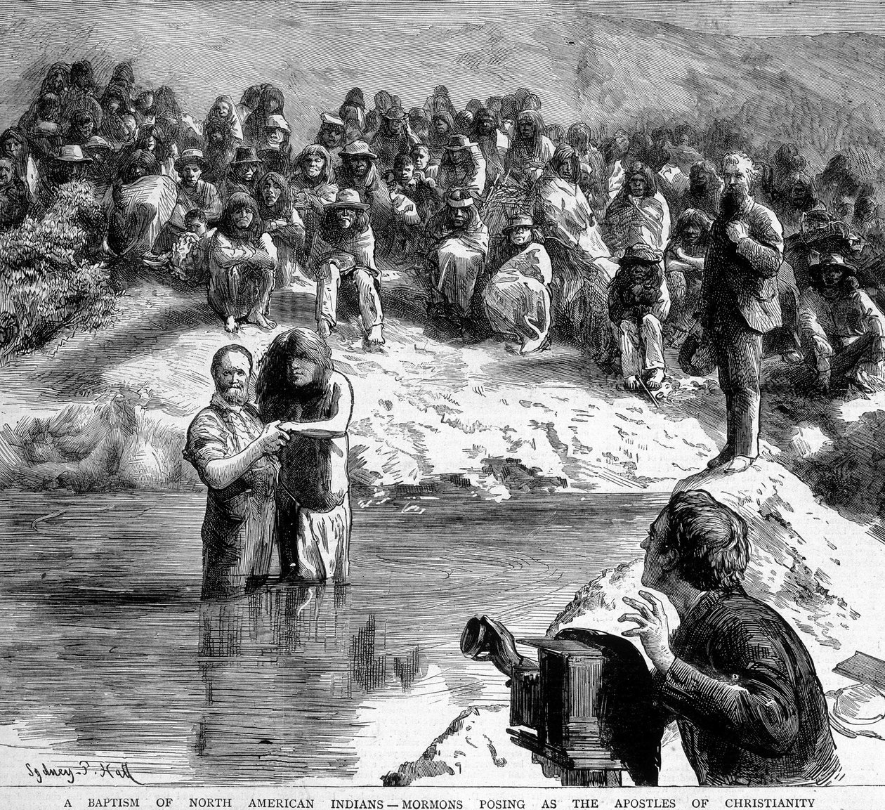 Egy indián megkeresztelése Észak-Amerikában egy mormon által, aki a kamera előtt a kereszténység apotereiként pózol. századi illusztráció. alkotó: Unknown artist