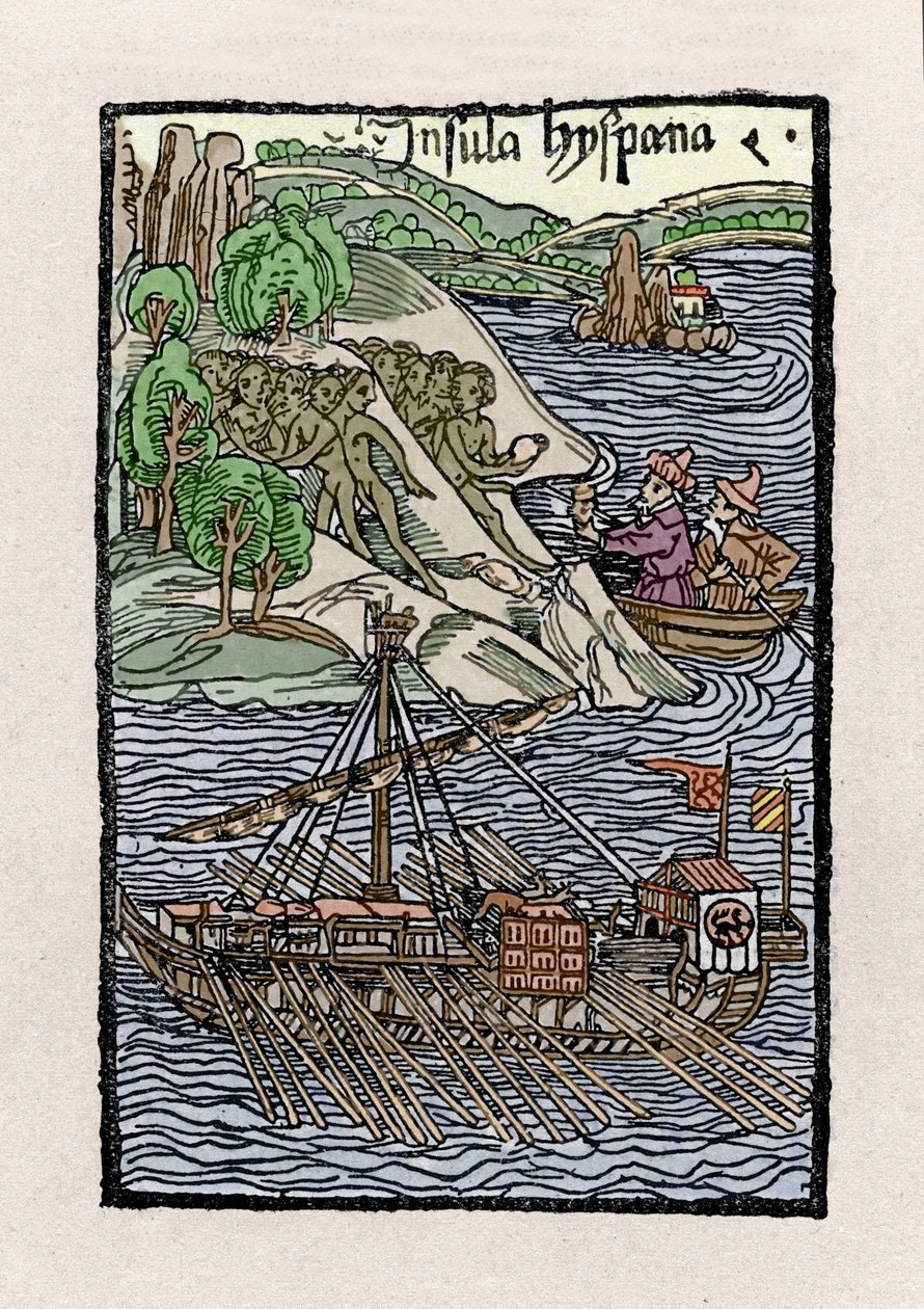 Kolumbusz Kristóf (1451-1506) a Hispaniola-i bárka. Metszet a „De insulis in mare Indico super inventis”-ből”, Bale 1493-1494 (Kolumbus spanyol királynak írt jelentésének latin fordítása). alkotó: Unknown artist