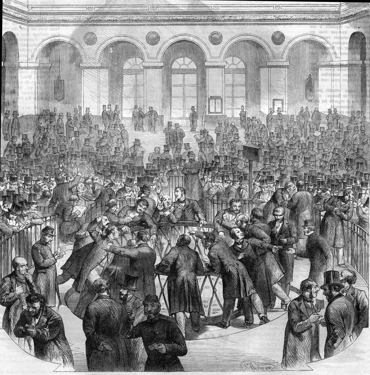 A csereügynökök kosara, a párizsi tőzsdén 1865-ben. Metszet M.G. rajza után. Roux alkotó: Unknown artist
