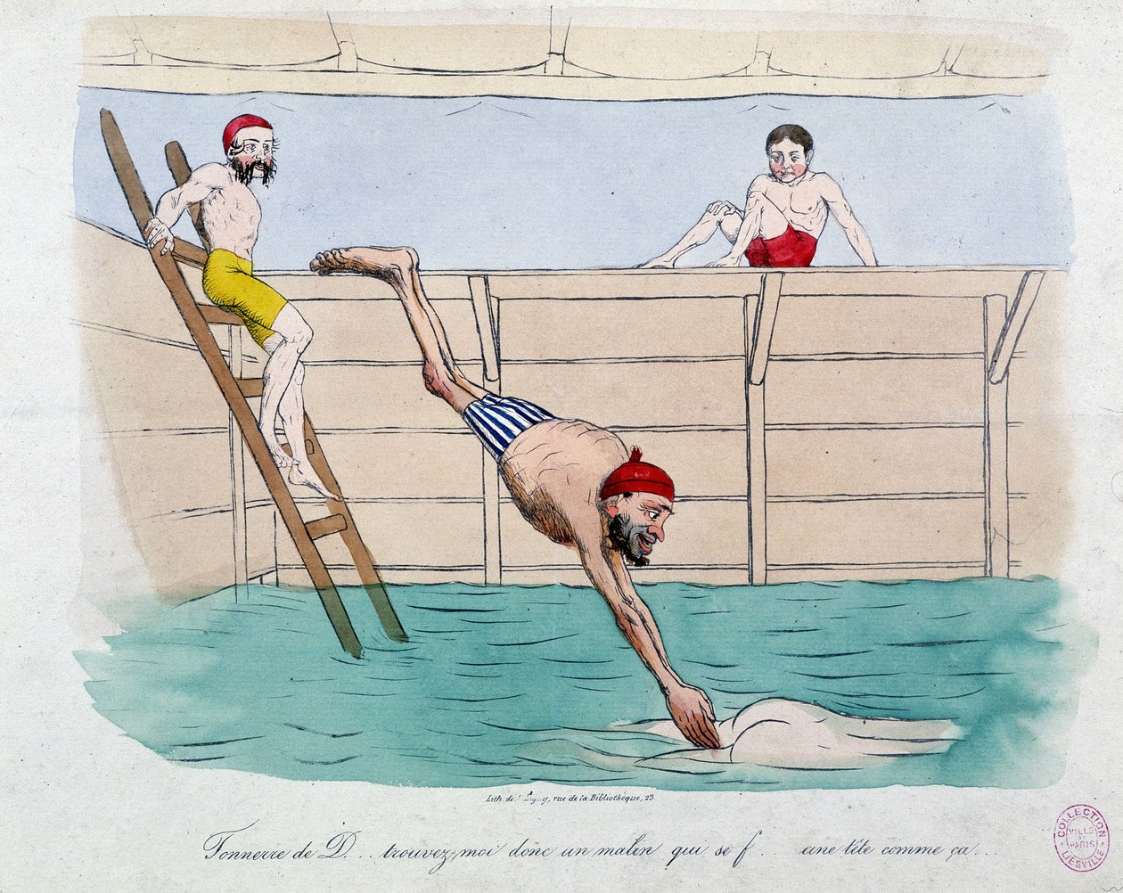 A fürdő: a párizsi nyilvános fürdők (úszómedencék) karikatúrája - 19. század, Carnavalet. alkotó: Unknown artist