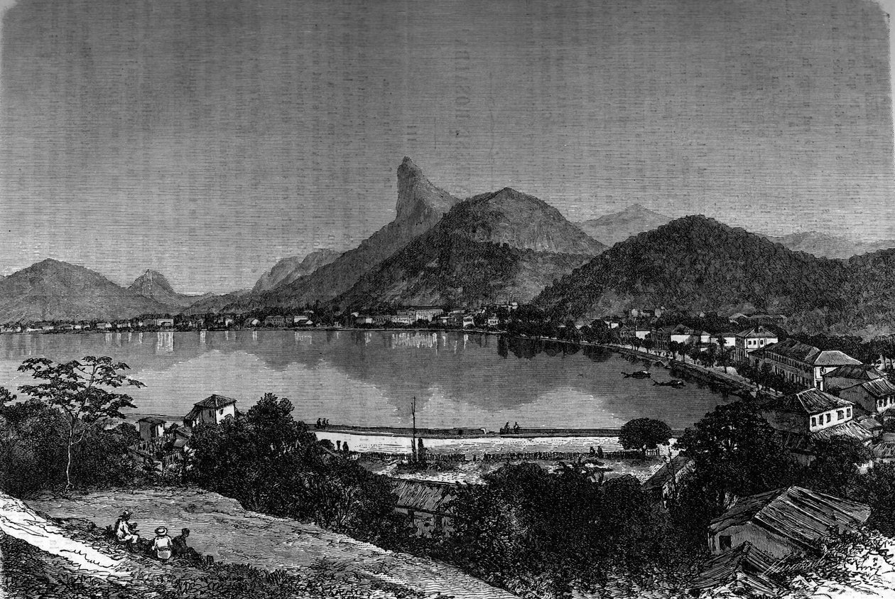 Rio de Janeiro-öböl Brazíliában. A háttérben „Cukorkenyér”. Metszet a „” Le Journal de la jeunesse”-be alkotó: Unknown artist
