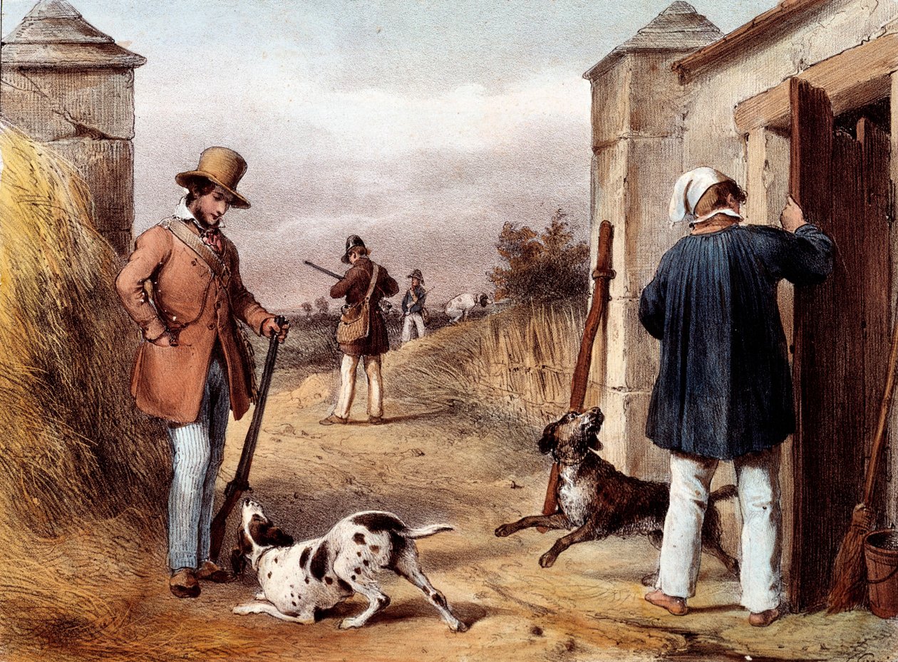 A vadászat kezdete 19. századi litográfia Gien, vadászati múzeum alkotó: Unknown artist