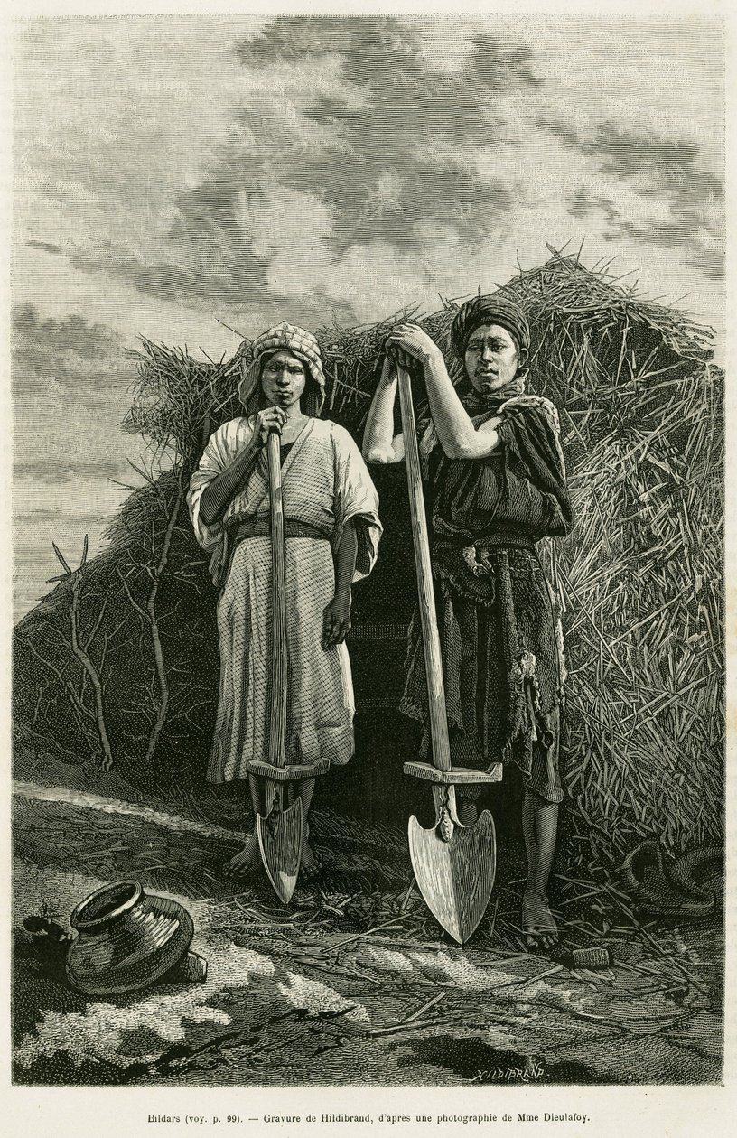 A bildarokat, egy becse tulajdonosait a Karoun régió búzatábláinak csatornáinak kiásásával bízzák meg. Jane Delafoy (1851-1916), akadémiai tiszt, La Perse, la Chaldee és Susiane című történetét illusztráló metszet, in le tour du monde 1886, rendező alkotó: Unknown artist