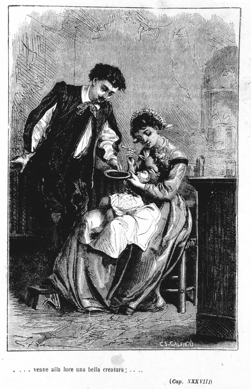 Renzo és Lucia fiának születése – Manzoni „A vőlegényei” című filmben (I promessi Sposi) alkotó: Unknown artist