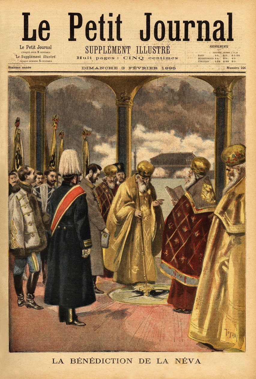 A Néva megáldása, egy orosz hagyomány, amelyre Szentpéterváron minden évben vízkereszt idején kerül sor. Metszet a „” Le petit journal”-ban 1895.02.03. Selva gyűjteménye. alkotó: Unknown artist