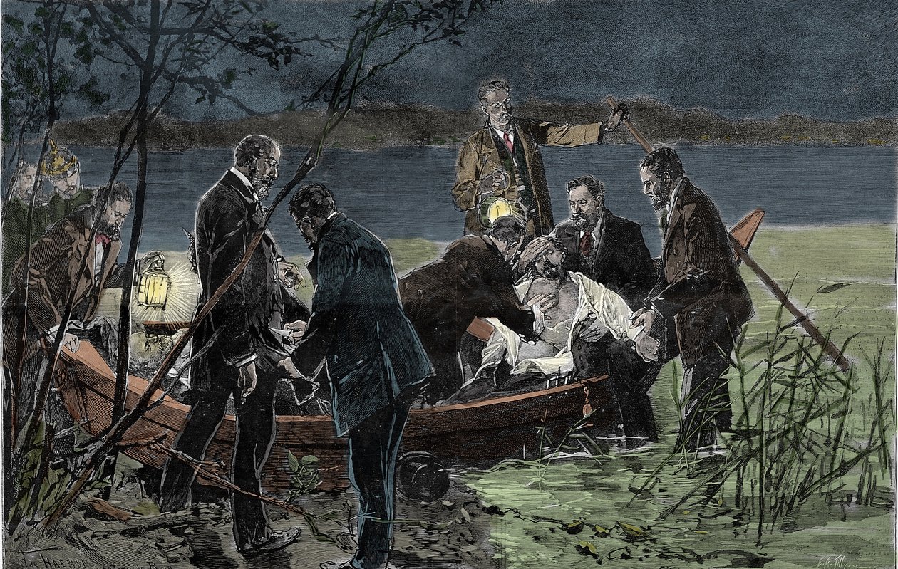 II. Lajos (Ludwig) Baviere Wittelsbach (1845-1886) holttestére Dr. Guddennel együtt vízbe fulladtak a Starnberg-tóban a Berg-kastély közelében 1886 júniusában Metszet alkotó: Unknown artist