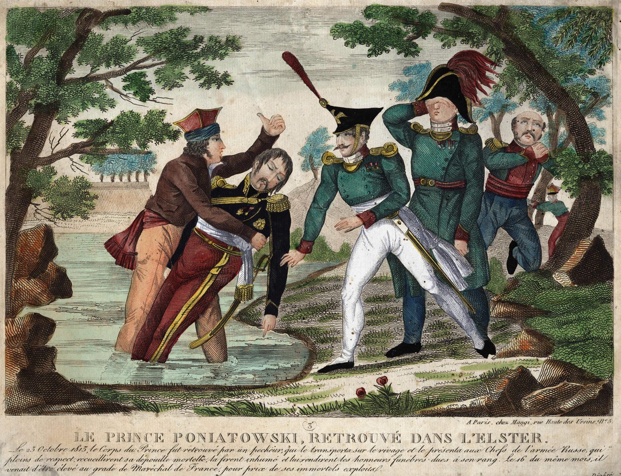 Joseph (Jozef) Antoni Poniatowski (1763-ban) herceg holttestét az Eelster folyóban találták 1813. október 23-án, az akkori metszet. alkotó: Unknown artist