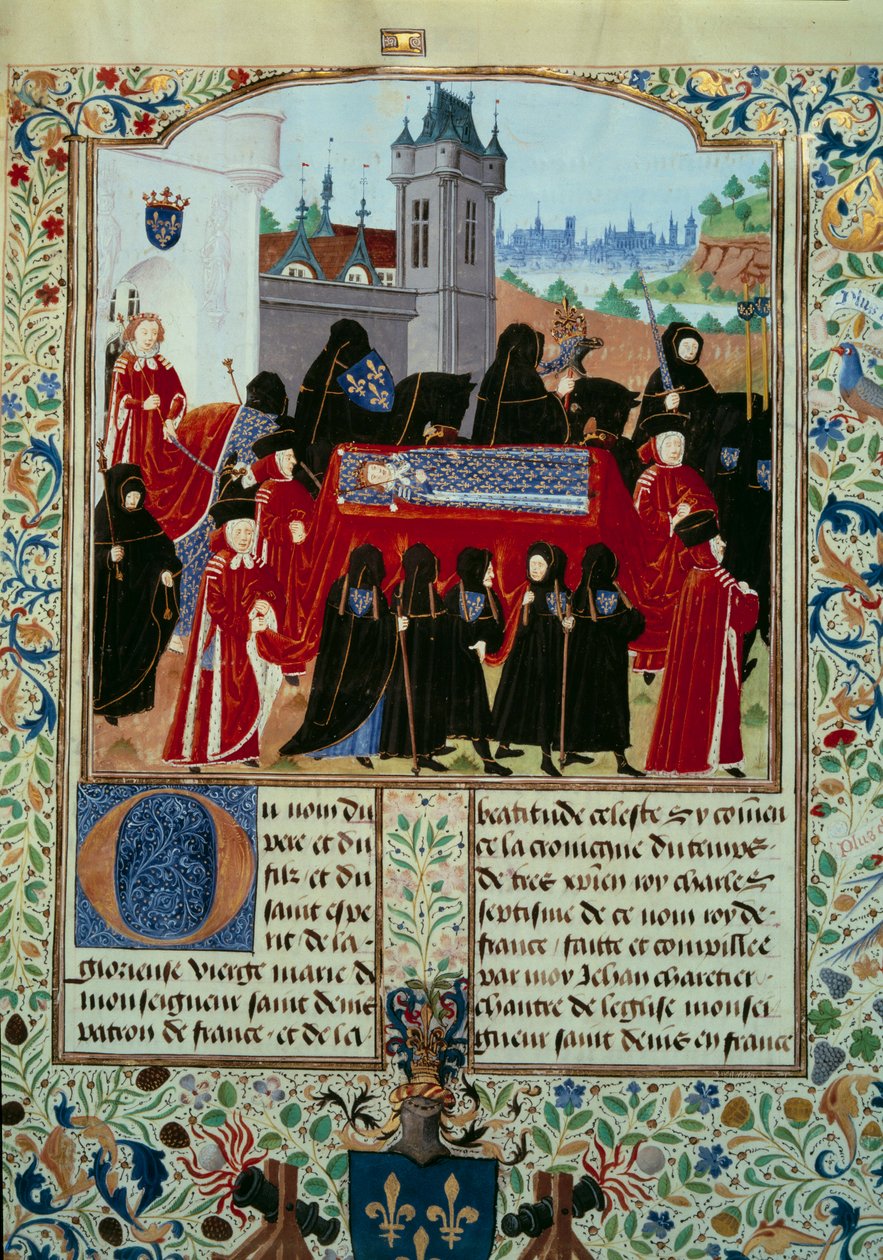 VI. Károly néhai király (1368-1422) holttestét viszik el, a körmenet mögött az új VII. Károly királyt (1403-1461) az 1422.10.22-i miniatűrt a „VII. Károly krónikái” című kéziratból (Ms. fr. 2691) Jean Chartier alkotó: Unknown artist