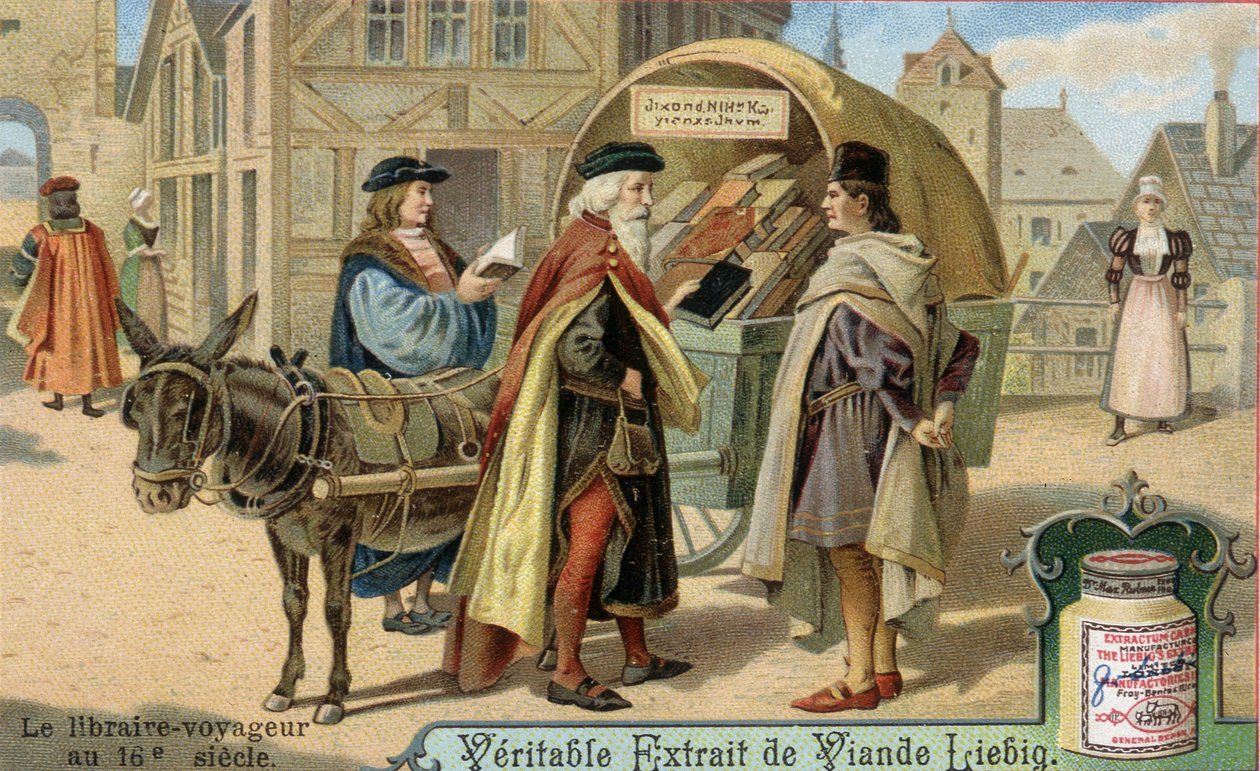 A könyvkereskedő és utazó könyvesboltja a XVI. Kromolitográfia, Liebig-kép. alkotó: Unknown artist