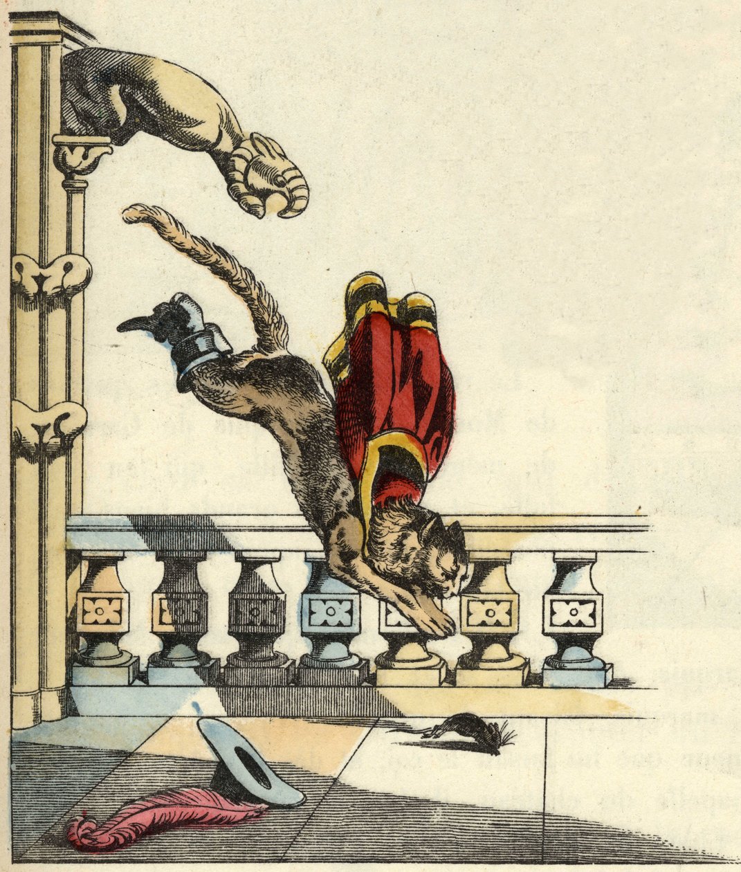 A csizmacska megkérte az ogrét, hogy változzon egérré, ugrál, hogy felfalja. Illusztráció Charles Perrault „Le chat botte” című meséjéről alkotó: Unknown artist