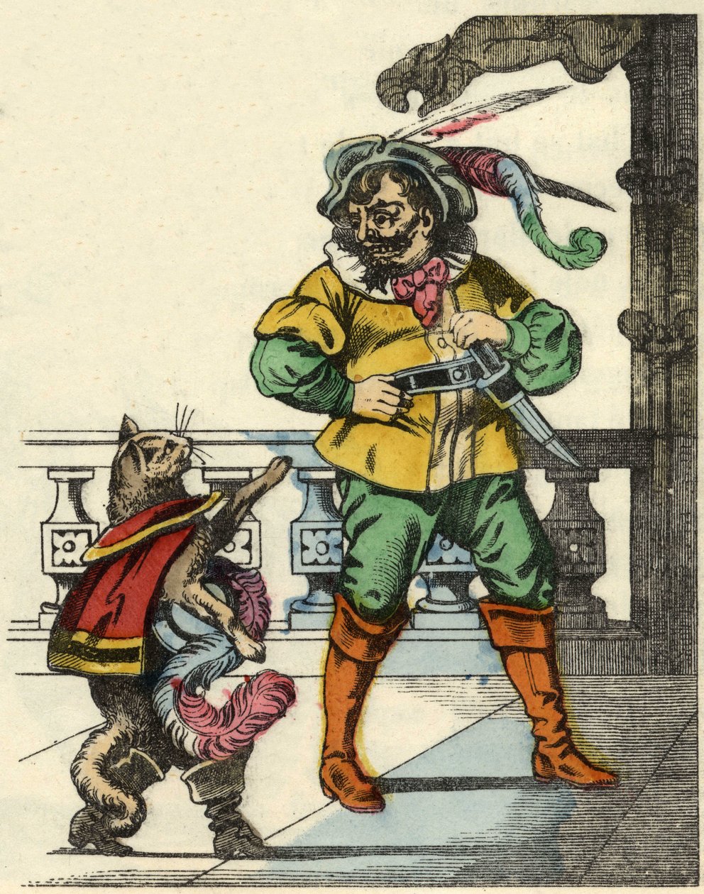 A bakancsmacska találkozik az ogréval. Illusztráció Charles Perrault „The cat botte” című meséjéről alkotó: Unknown artist