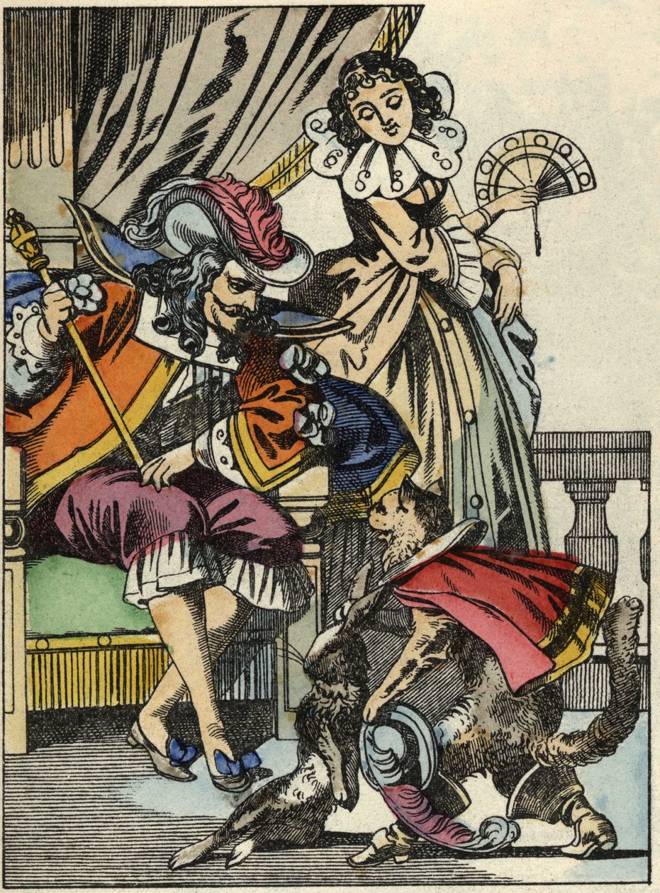A csizmacska felajánlja a nyulat a királynak gazdájától, Carabas márkitól. Illusztráció Charles Perrault „The cat botte” című meséjéről alkotó: Unknown artist