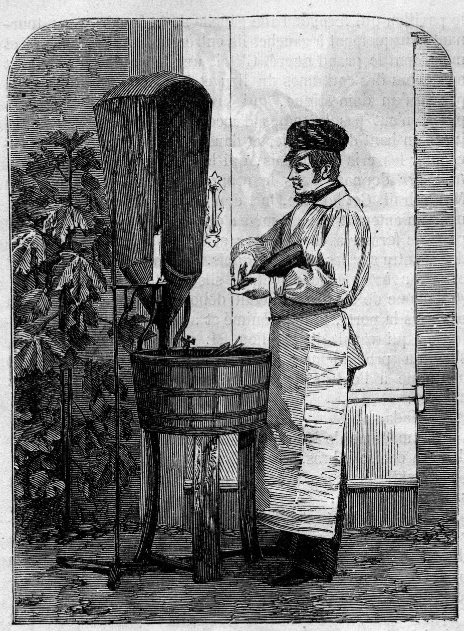 A pezsgő bor palackozása. Metszet 1864-ből. alkotó: Unknown artist