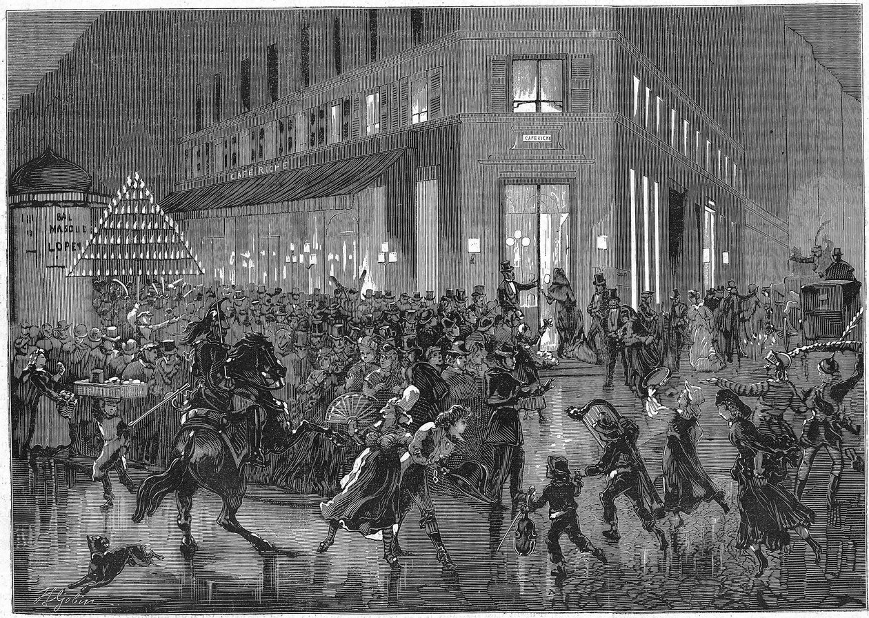 Az olaszok körútja Párizsban Bal éjszakája az operában. 1873-as metszet alkotó: Unknown artist