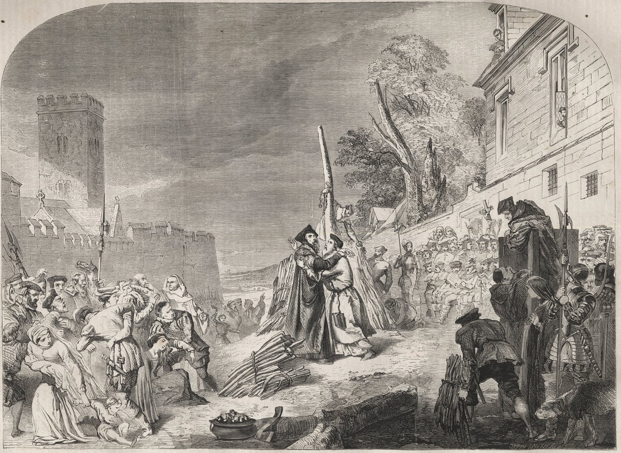 Nicholas Ridley és Hugh Latimer püspök felgyújtása az angliai Balliol College kapuja közelében, Oxfordban alkotó: Unknown artist