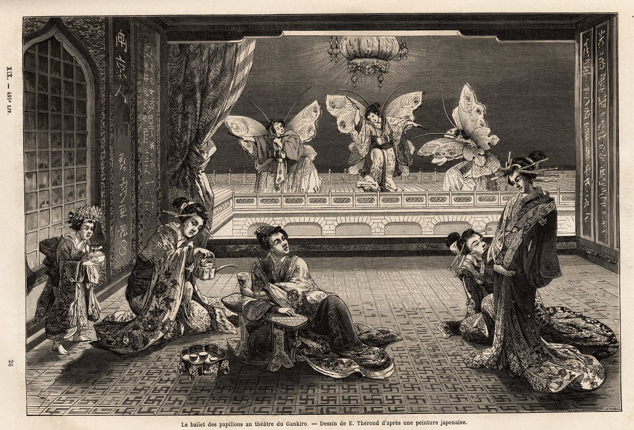 Pillangóbalett a Gankiro Színházban, Jokohamában, a Miyozaki Pleasure District-ben. Aime Humbert, a Svájci Államszövetség minisztere 1863–1864-es metszete a japán utazás szemléltetésére, megjelent a „le tour du monde” című folyóiratban. alkotó: Unknown artist