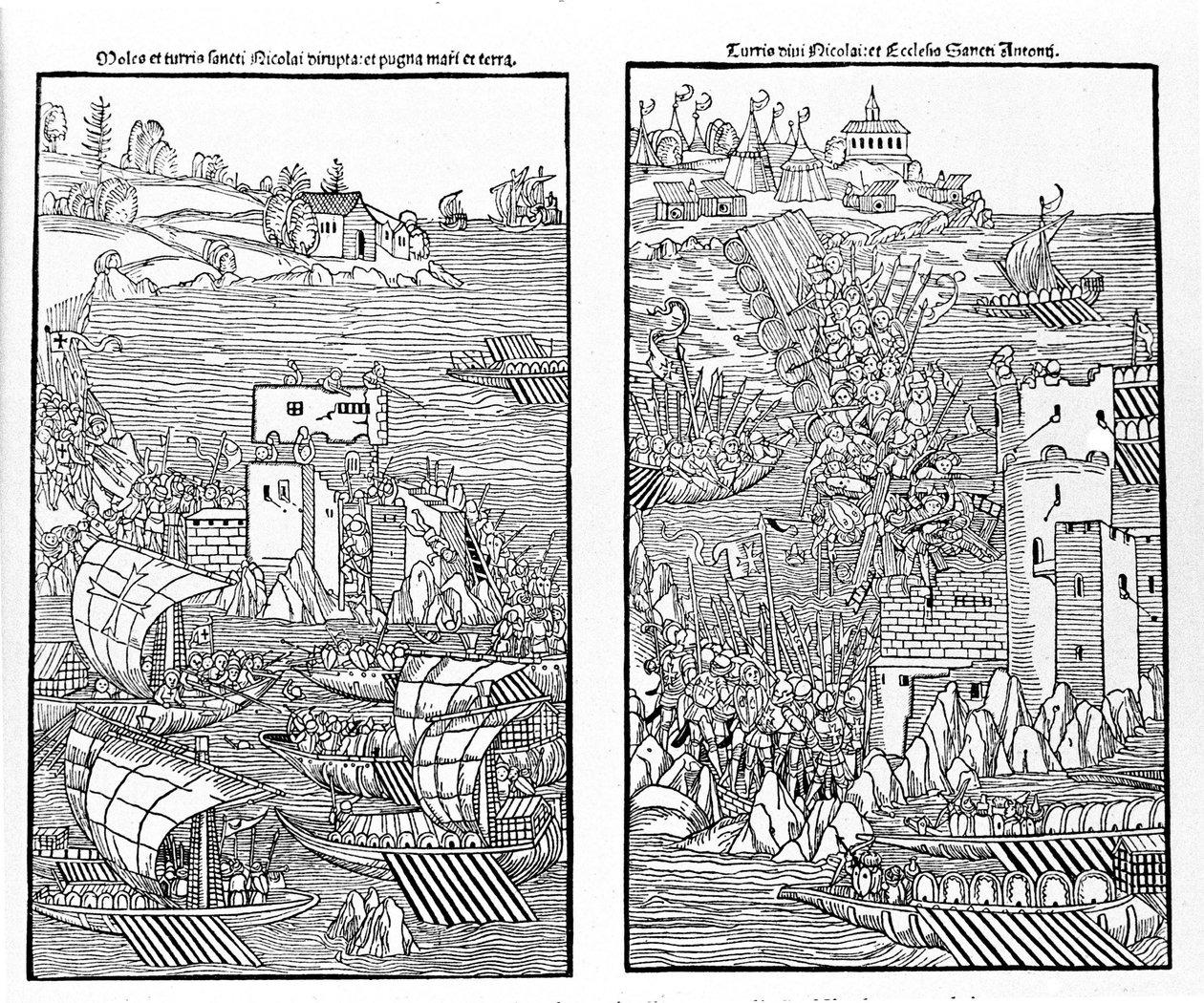 Rodosz elfoglalása a törökök által 1522-ben. A törökök megtámadják Szent Miklós erődjét. Fafaragás. alkotó: Unknown artist