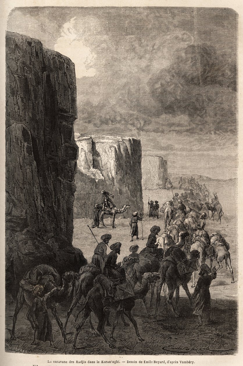 A hadik (muzulmán pelerinek) karavánja Korantaghiban (Perzsia, Irán). Emile Bayard (1837-1891) rajza, Arminius Vambery (dervisbe öltözött magyar tudós álruhája) 1863-as közép-ázsiai utazásának illusztrálására. Metszet a „” Le tour du mond nyelven alkotó: Unknown artist