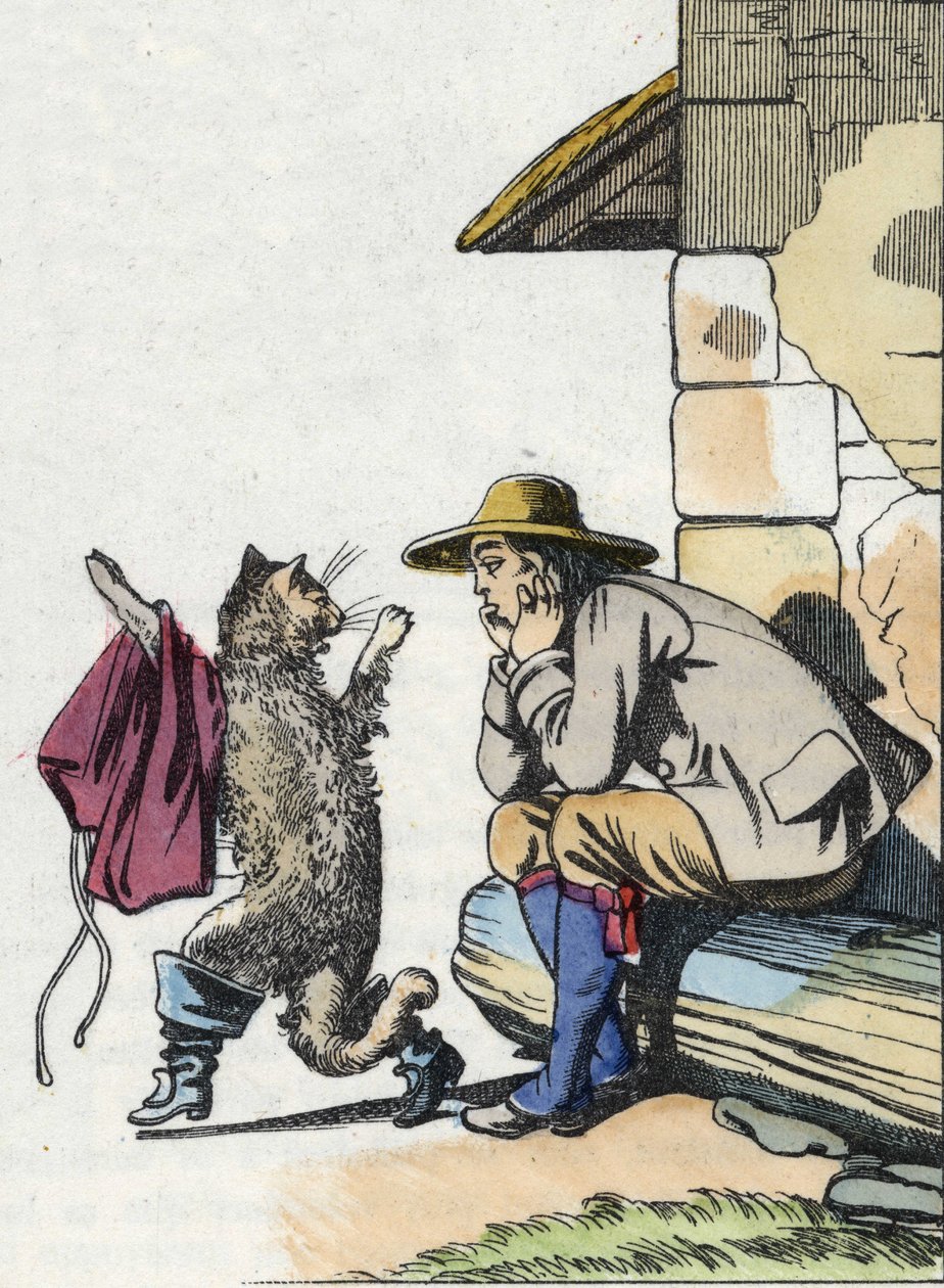 A macska ruhát és csizmát kér gazdájától, és megígéri, hogy hamarosan gazdag lesz. Illusztráció Charles Perrault „Le chat botte” című meséjéről alkotó: Unknown artist