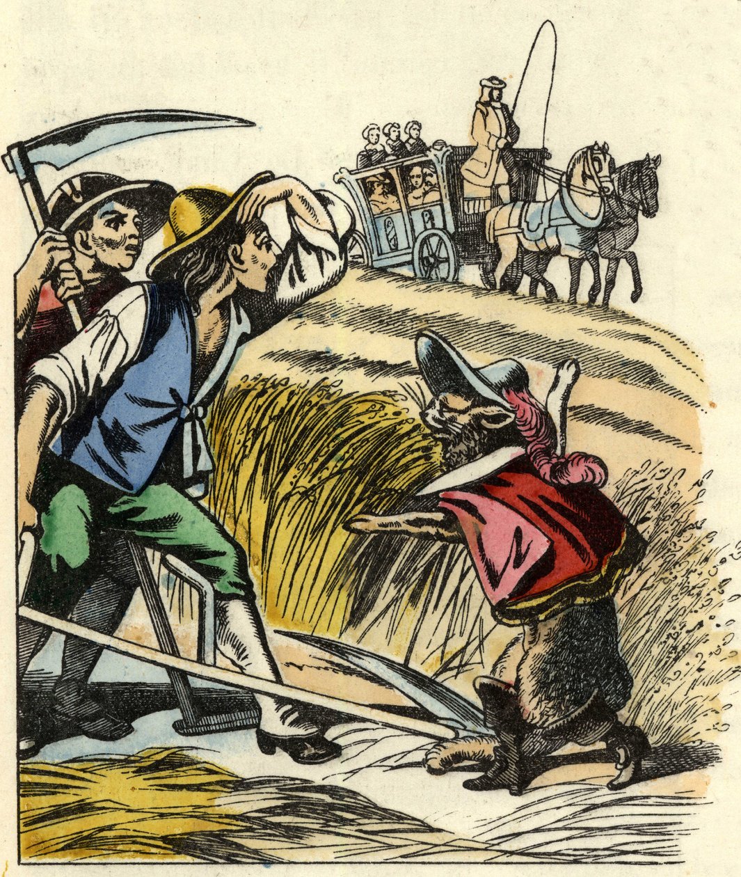 A macska arra kényszeríti a parasztokat, hogy azt mondják, hogy a mező, amelyen búzát kaszálnak, Carabas márkié. Illusztráció Charles Perrault „The cat botte” című meséjéről alkotó: Unknown artist