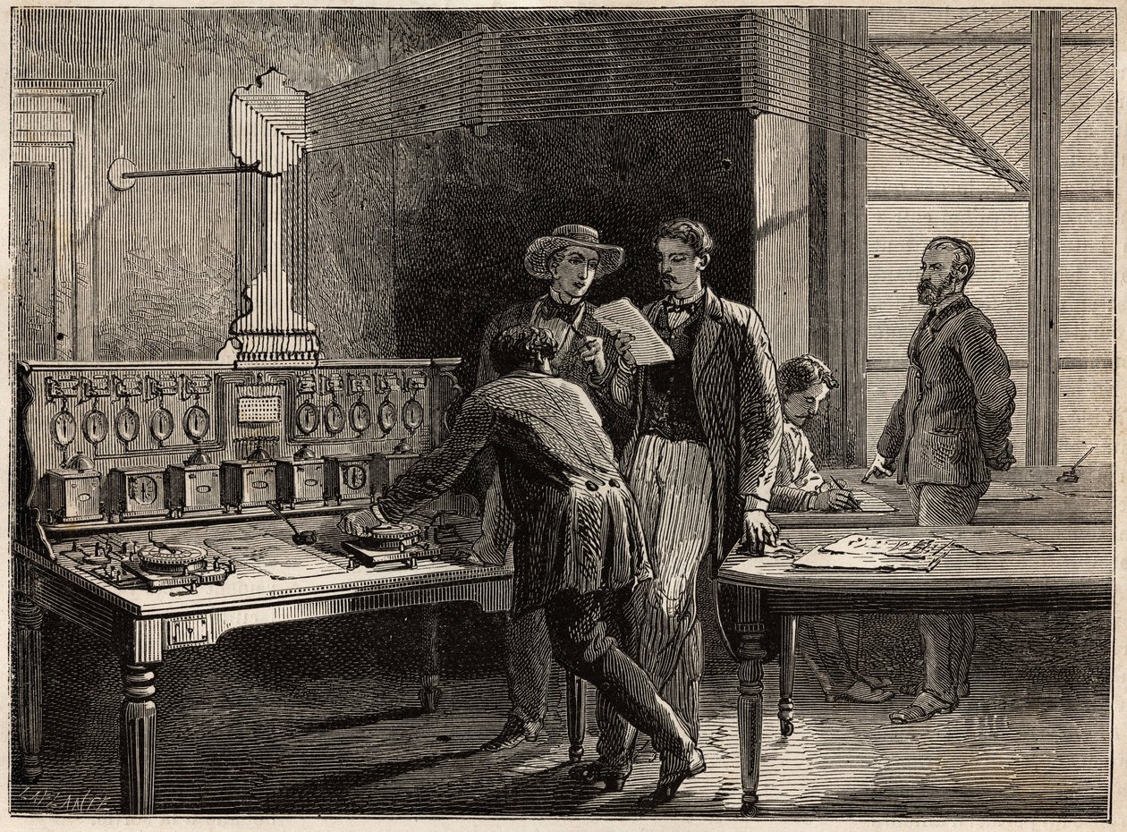 A központi távíró állomás a creusot-i gyárban. L. Simonin 1865-ös metszete a Creusot-ba, valamint Saone és Loire bányáiba tett utazás szemléltetésére, Edouard C irányítása alatt megjelent „” Le tour du monde, nouveau Journal des voyages” című könyvében. alkotó: Unknown artist